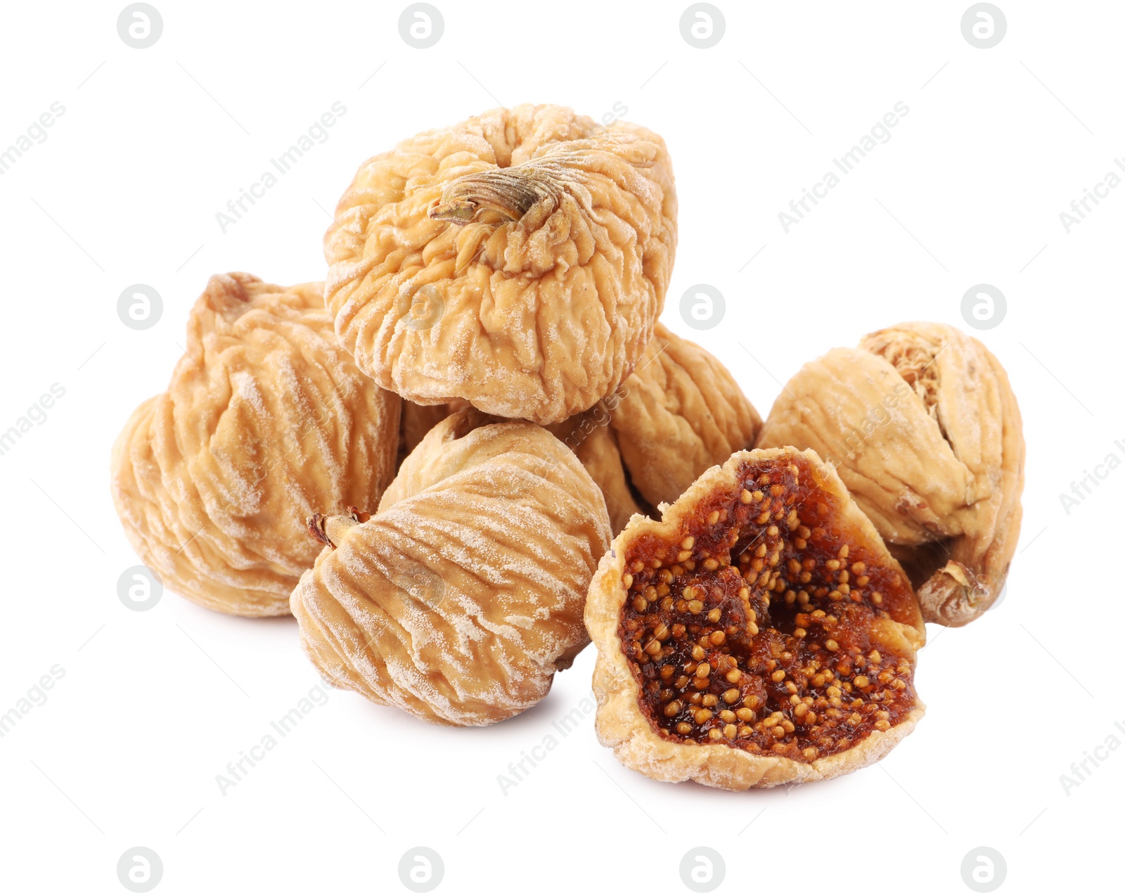 Photo of Many tasty dried figs isolated on white