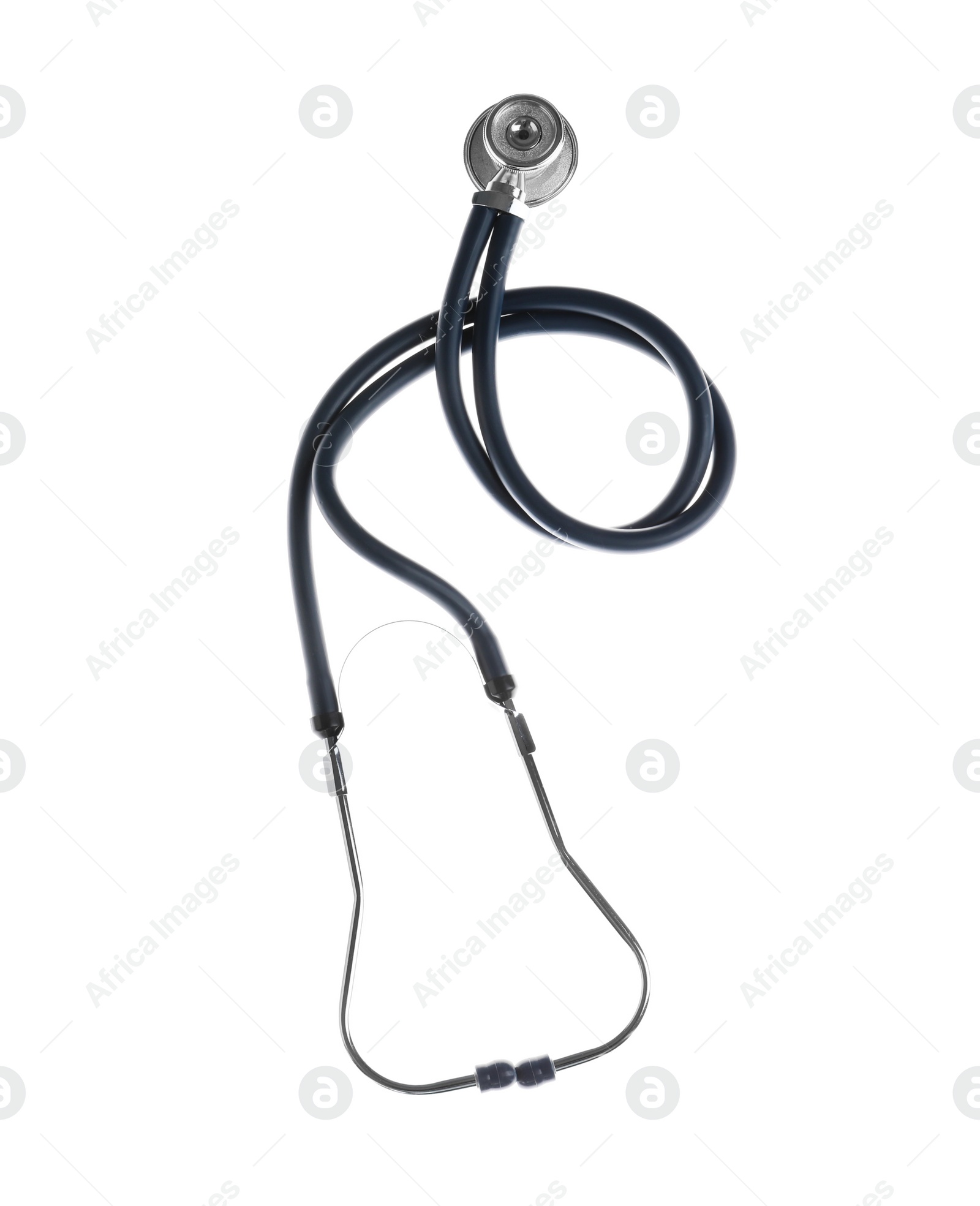 Photo of Stethoscope on white background, top view. Medical device