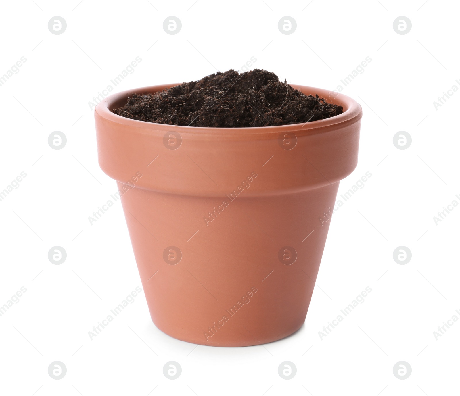 Photo of Stylish terracotta flower pot with soil isolated on white