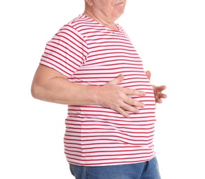 Photo of Fat senior man on white background, closeup. Weight loss