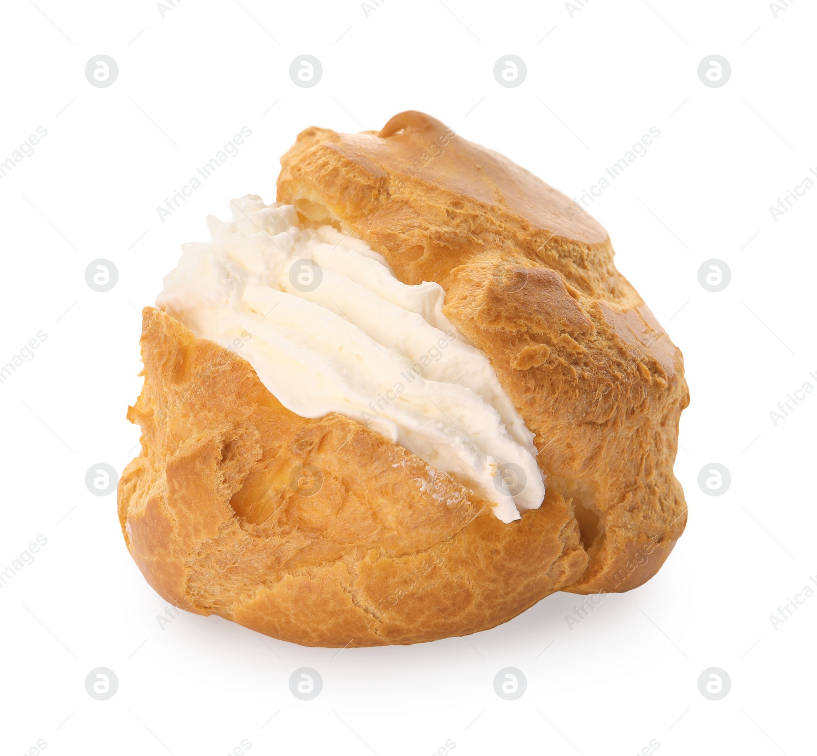 Photo of Delicious profiterole with cream filling isolated on white