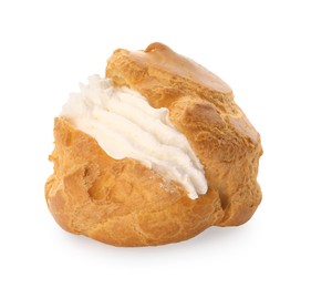 Photo of Delicious profiterole with cream filling isolated on white