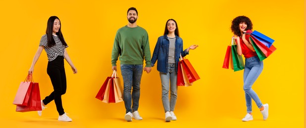 Happy people with shopping bags on orange background, set with photos