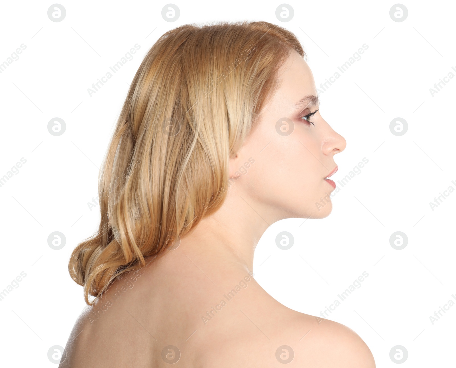 Photo of Portrait of beautiful woman with long blonde hair on white background