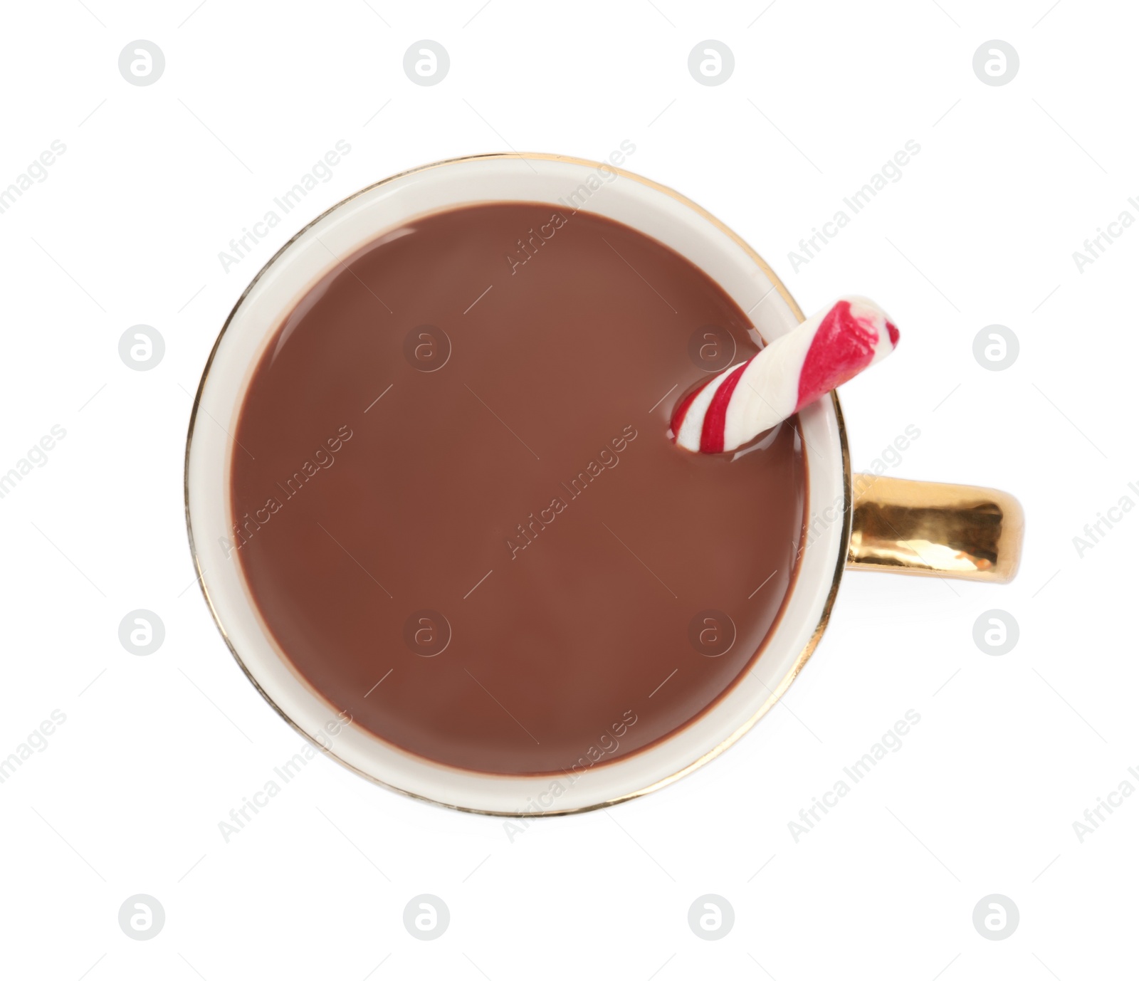 Photo of Cup of delicious hot chocolate candy cane isolated on white, top view