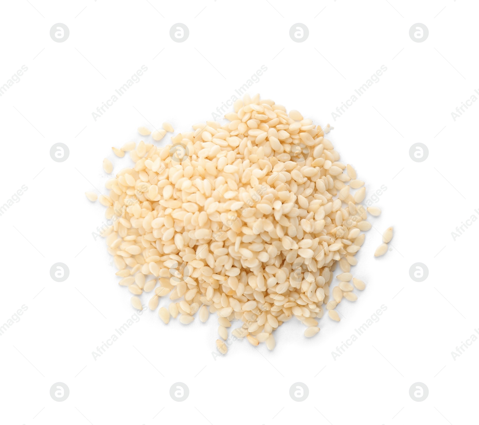 Photo of Pile of sesame seeds on white background, top view