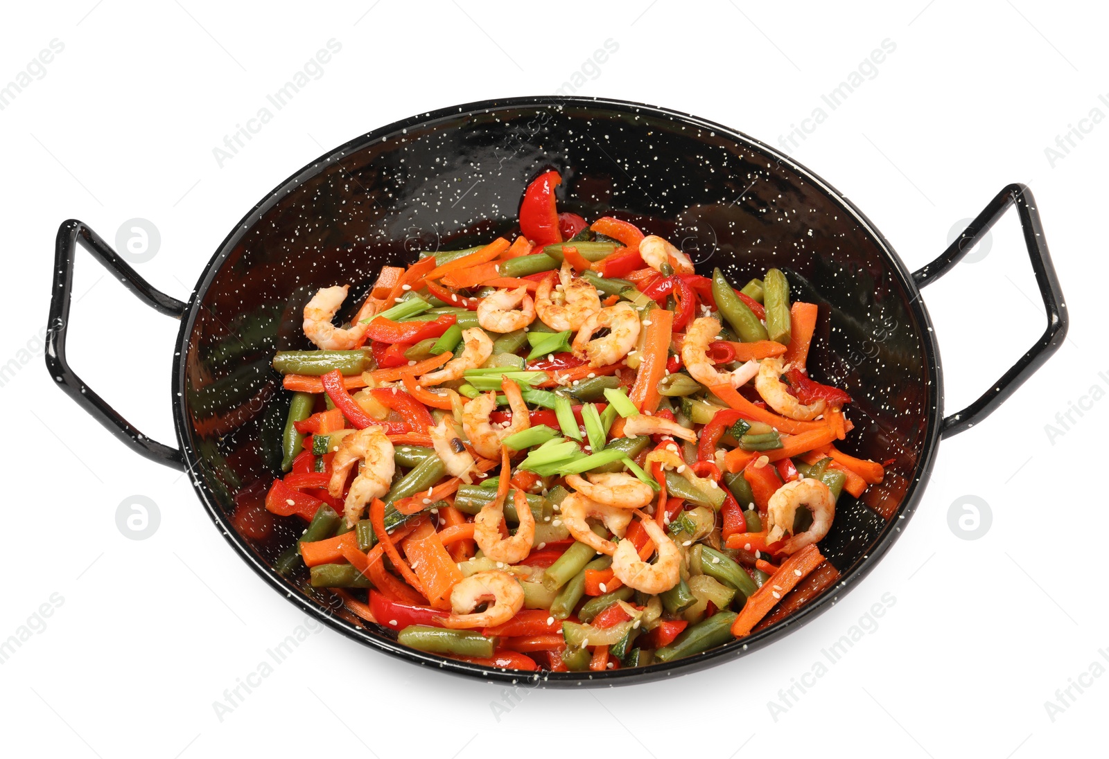 Photo of Shrimp stir fry with vegetables in wok on white background