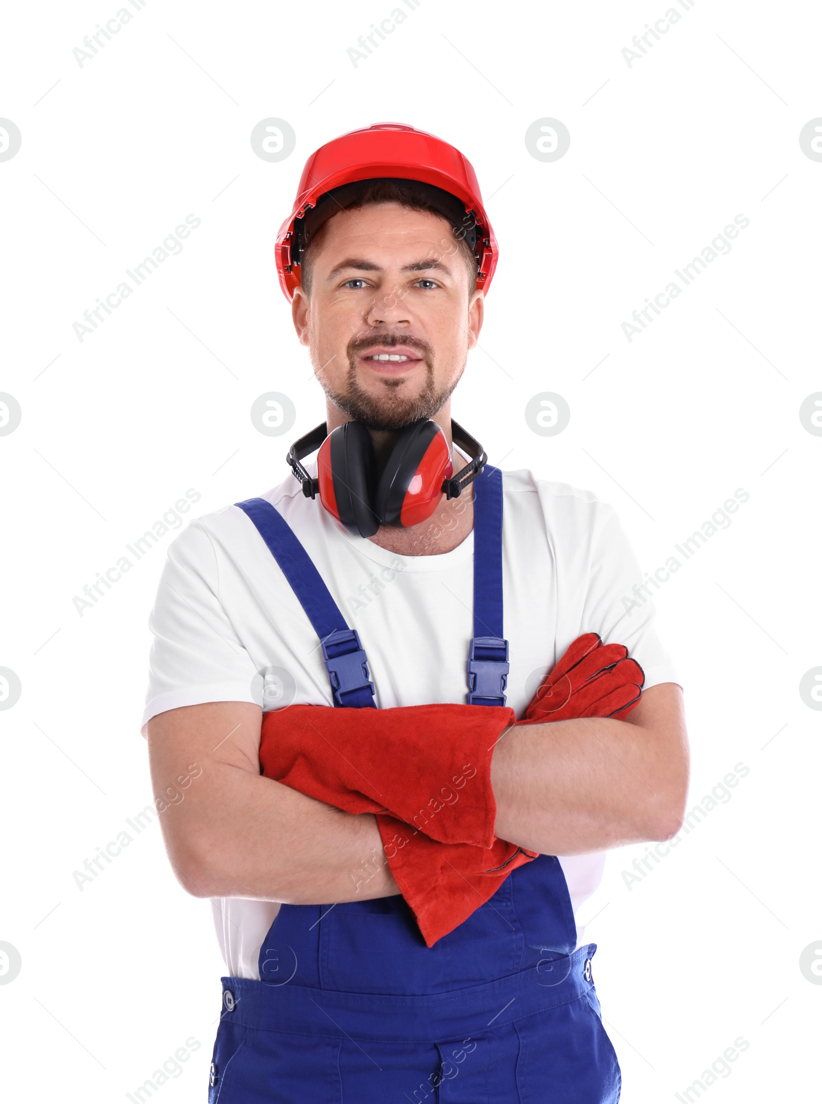 Photo of Male industrial worker in uniform on white background. Safety equipment