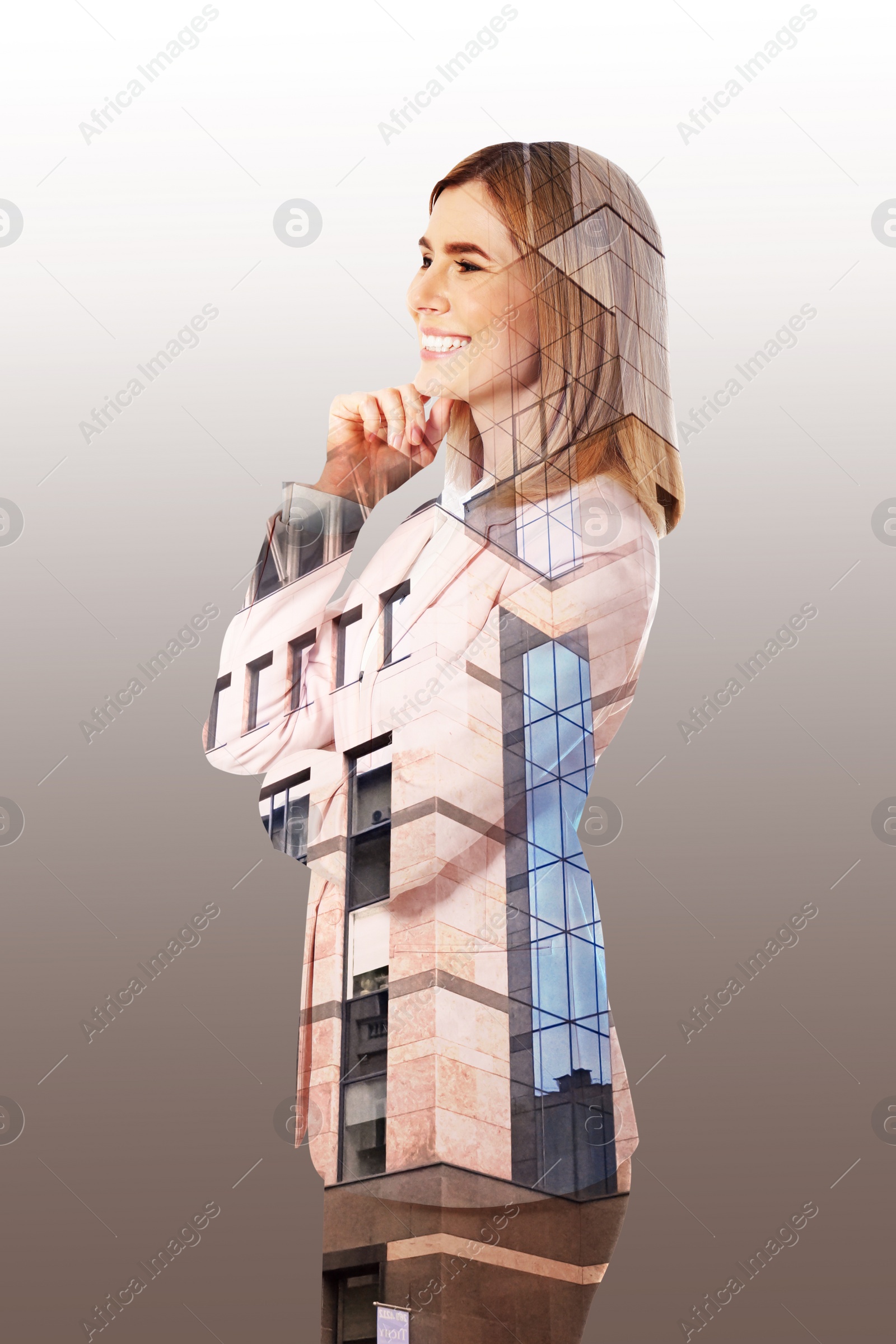 Image of Double exposure of businesswoman and office building
