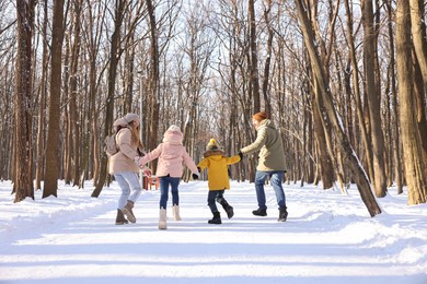 Photo of Family walking in sunny snowy forest, back view