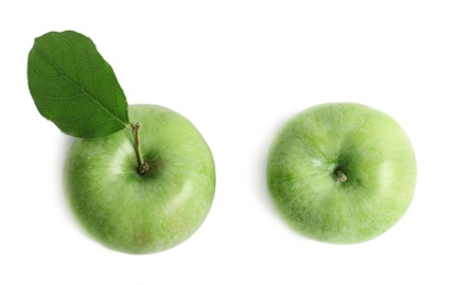 Photo of Fresh green apples on white background, top view