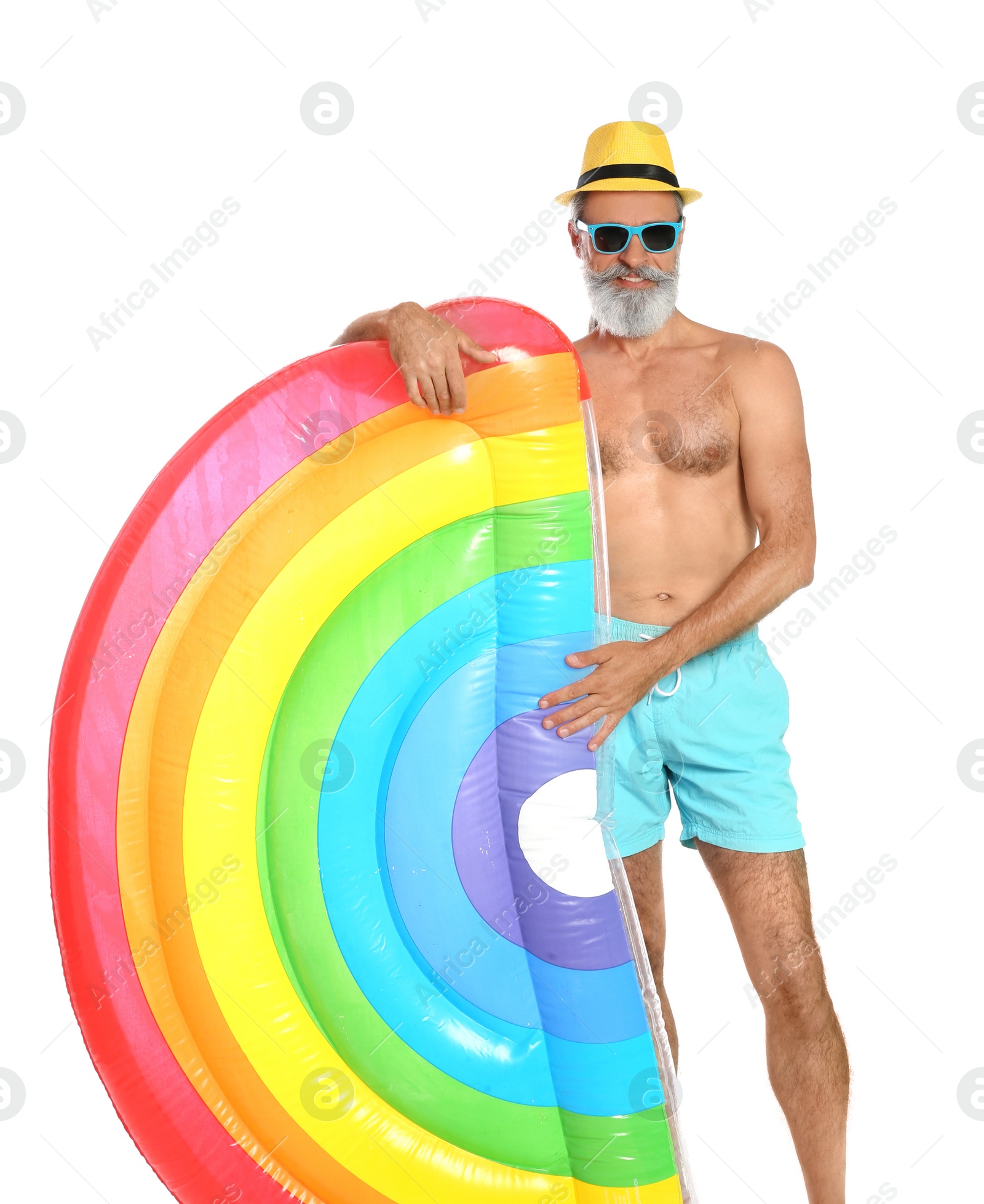 Photo of Shirtless man with inflatable mattress on white background