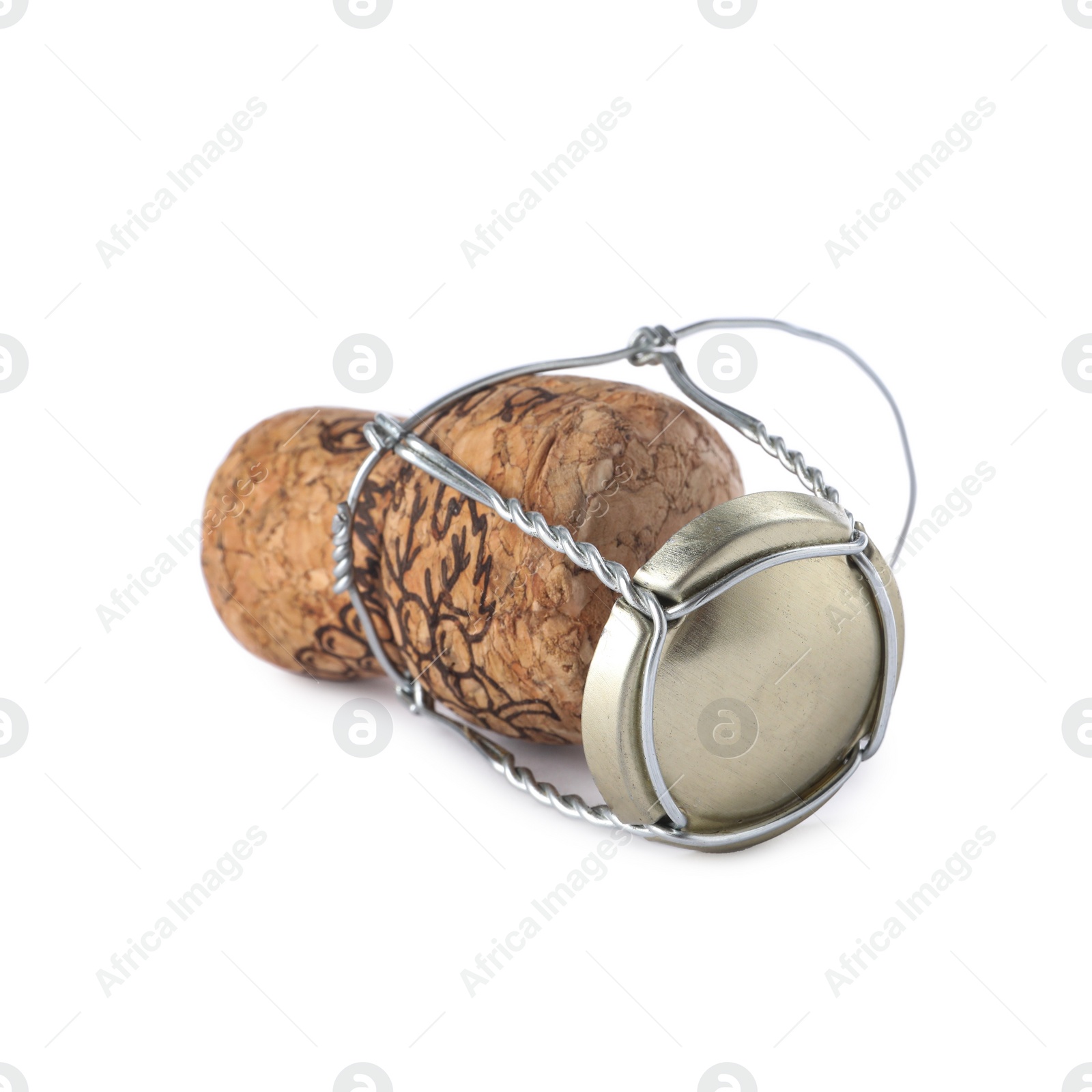 Photo of Cork of sparkling wine and muselet cap isolated on white