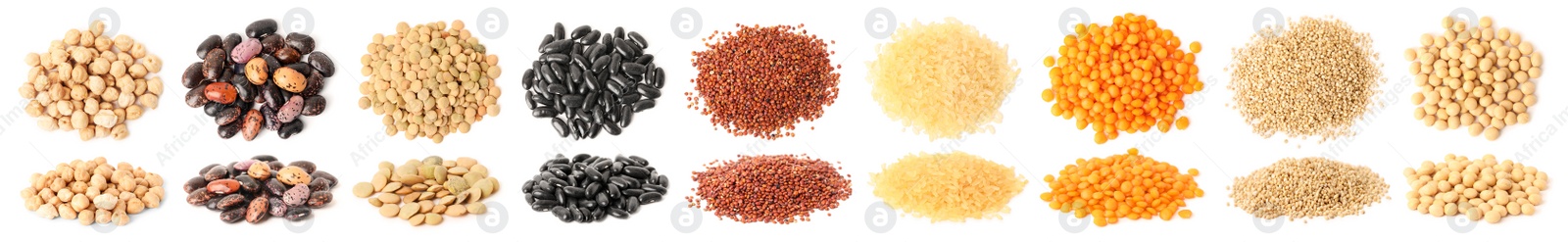 Image of Set with different legumes, grains and seeds on white background, banner design. Vegan diet