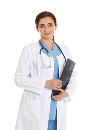 Photo of Portrait of female doctor with clipboard isolated on white. Medical staff