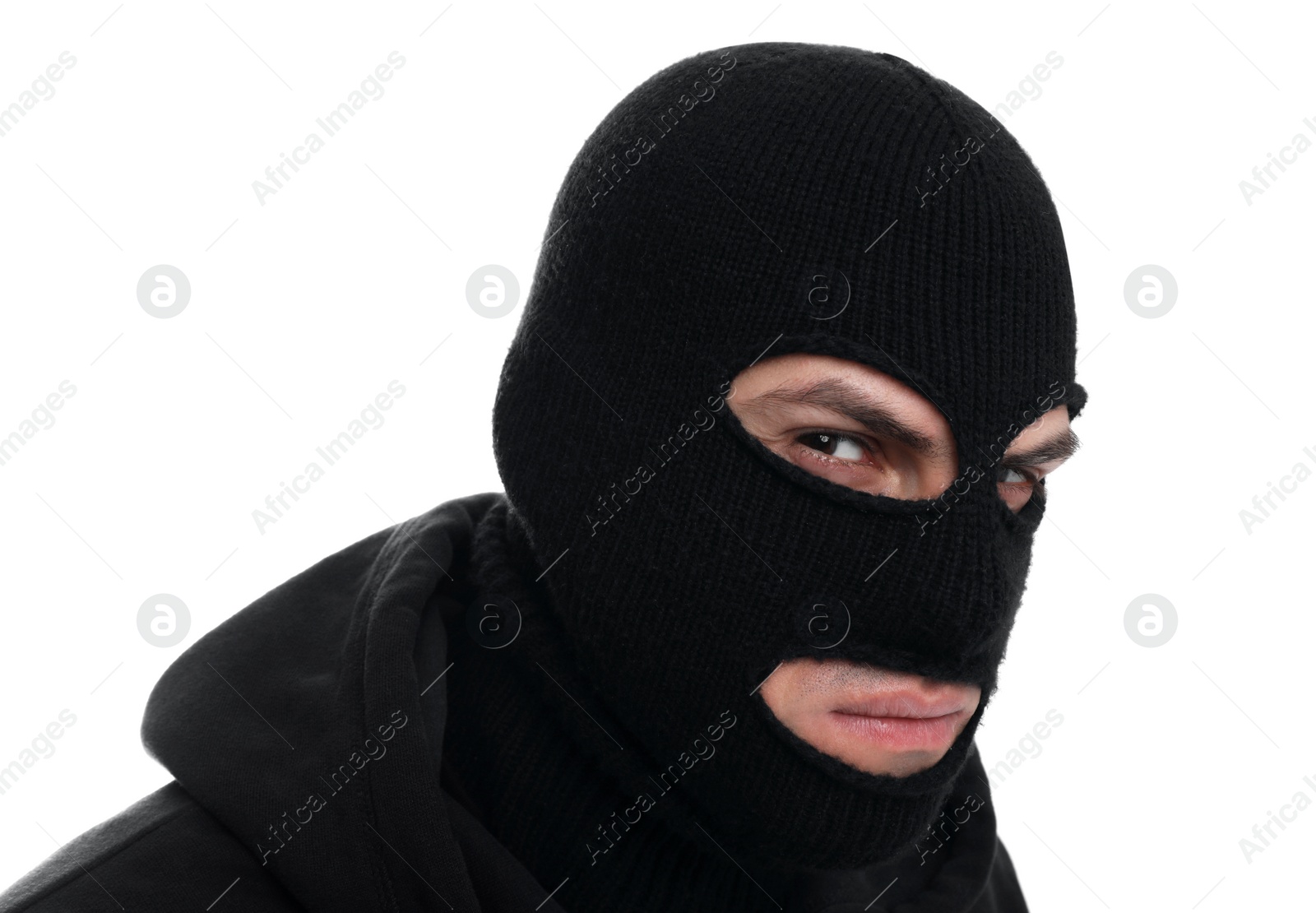 Photo of Man wearing black balaclava on white background