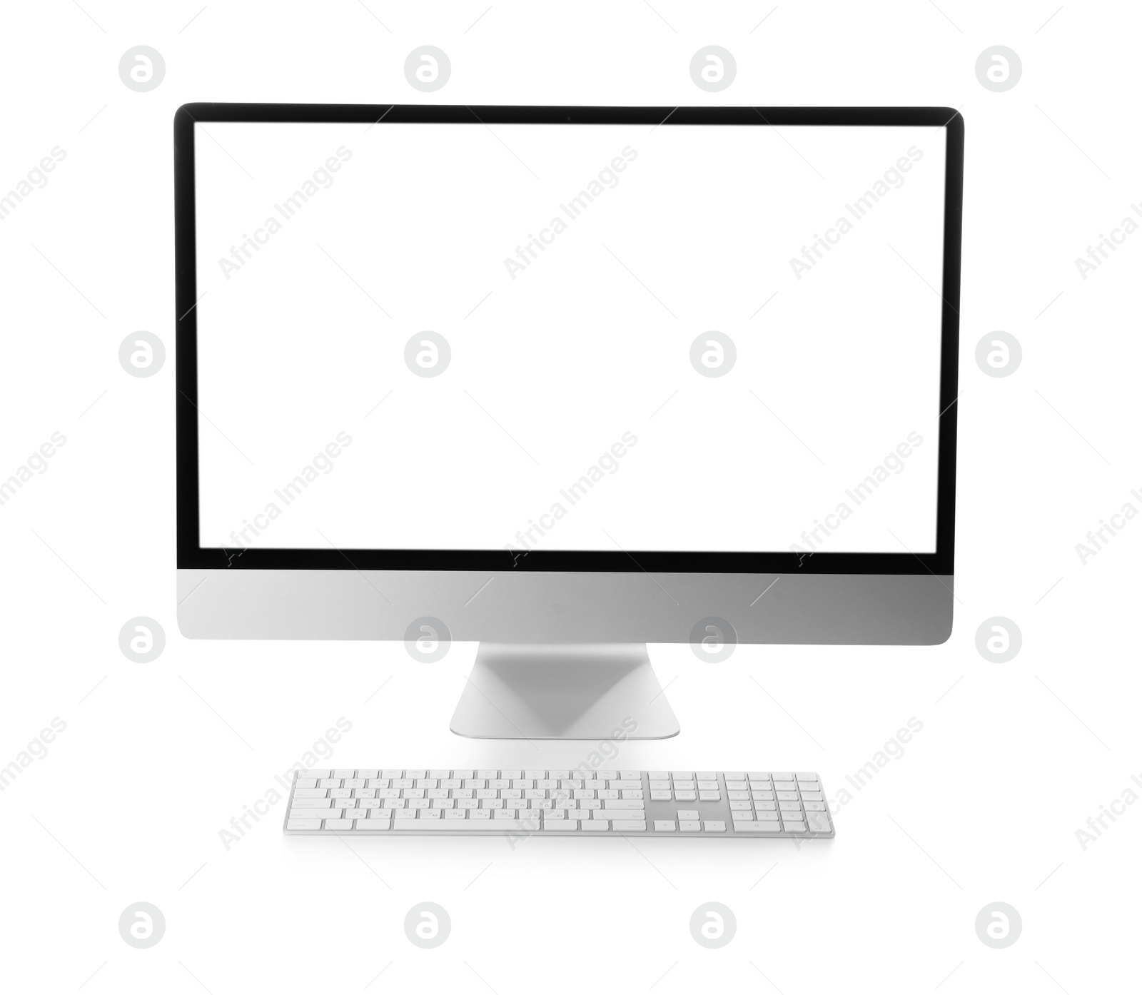 Photo of Modern computer with blank monitor screen and keyboard on white background