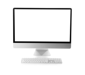 Photo of Modern computer with blank monitor screen and keyboard on white background