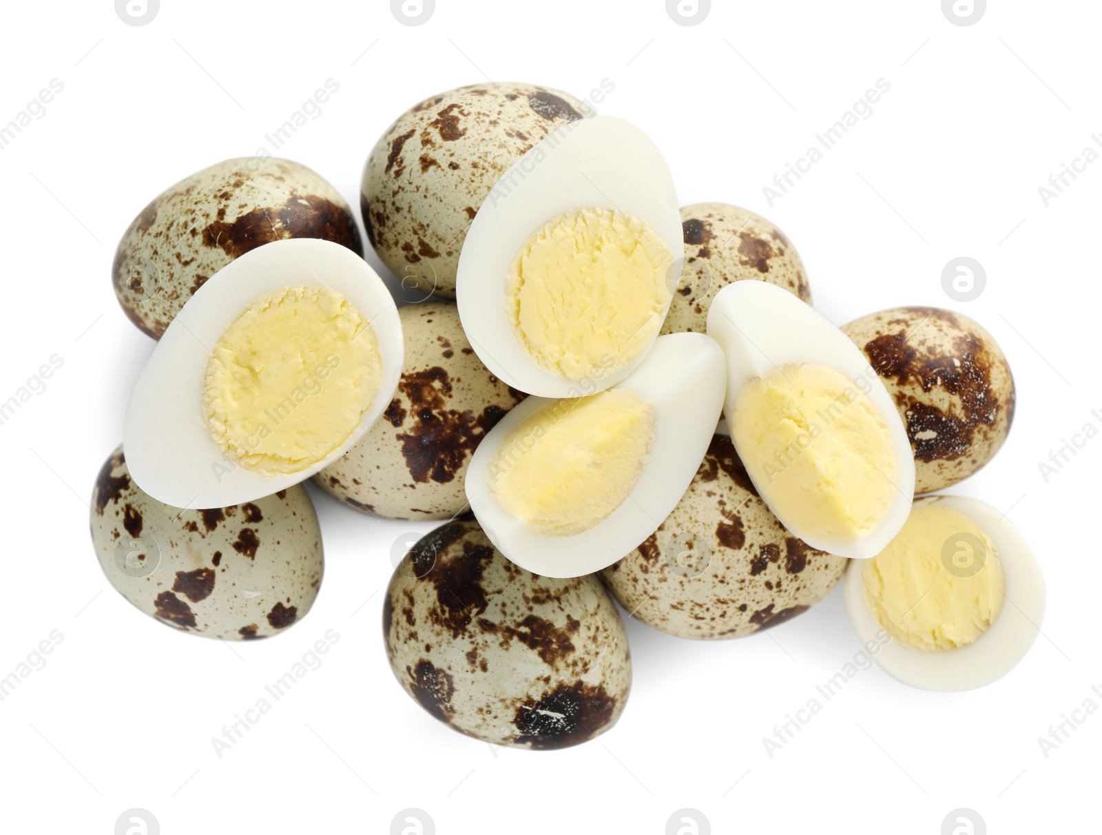 Photo of Unpeeled and peeled hard boiled quail eggs on white background, top view