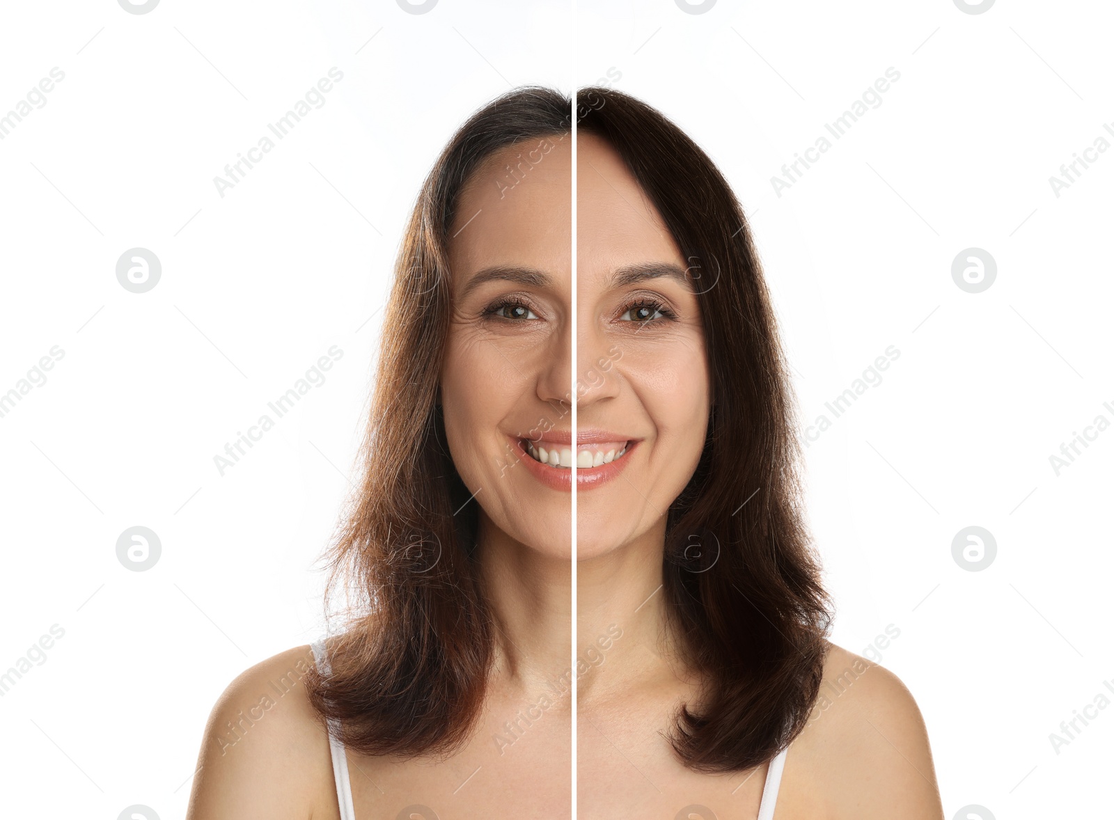 Image of Beautiful mature woman before and after hair dyeing on white background, collage