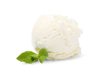 Photo of Scoop of delicious vanilla ice cream with mint isolated on white
