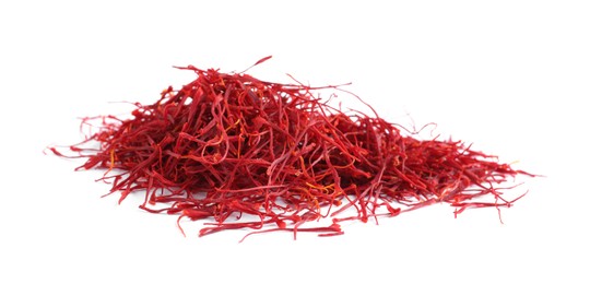 Photo of Heap of aromatic saffron on white background