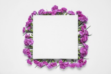 Photo of Blank canvas and beautiful violet carnation flowers on white background, top view. Space for design