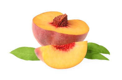 Photo of Delicious fresh ripe cut peach and green leaves isolated on white