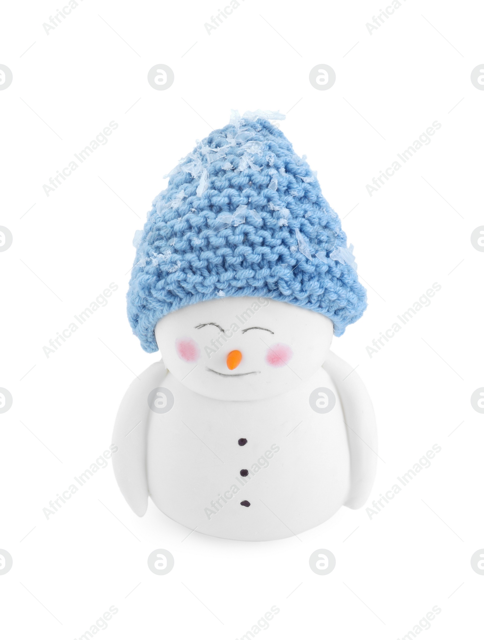 Photo of Cute decorative snowman in blue hat isolated on white