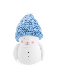 Cute decorative snowman in blue hat isolated on white