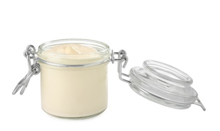 Photo of Mayonnaise in glass jar isolated on white