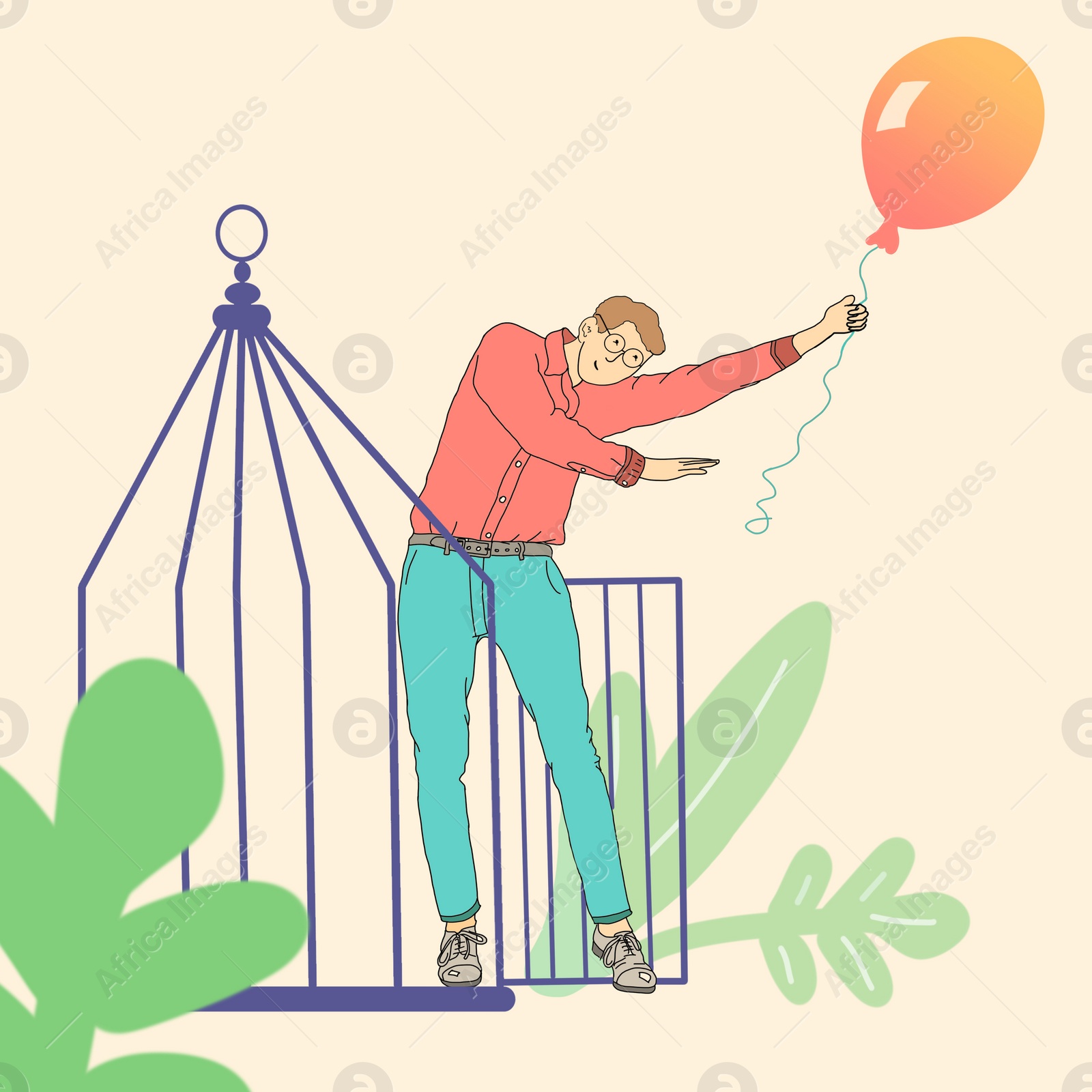 Illustration of Beautiful illustration demonstrating sense of freedom. Man with balloon leaving cage