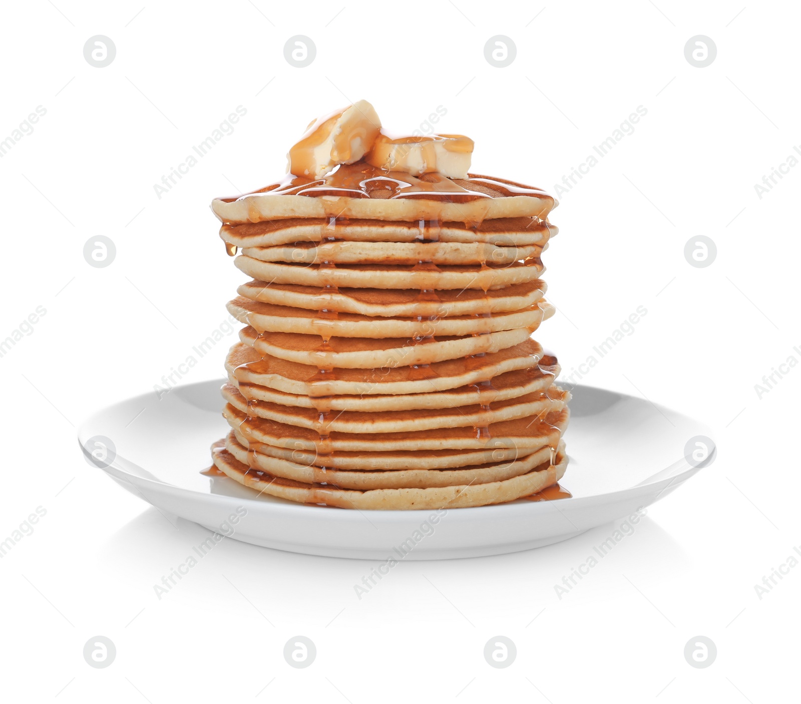 Photo of Plate with stack of tasty pancakes and maple syrup on white background