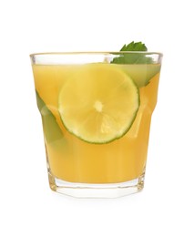 Glass of tasty pineapple cocktail with mint and lime isolated on white