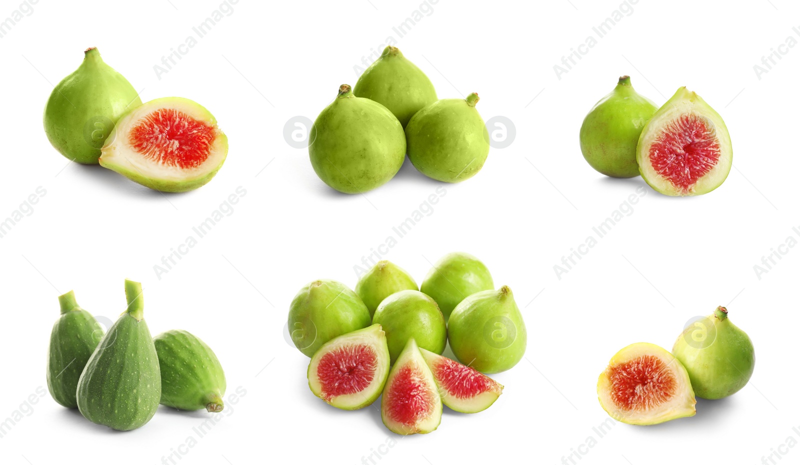 Image of Set of cut and whole green figs on white background. Banner design