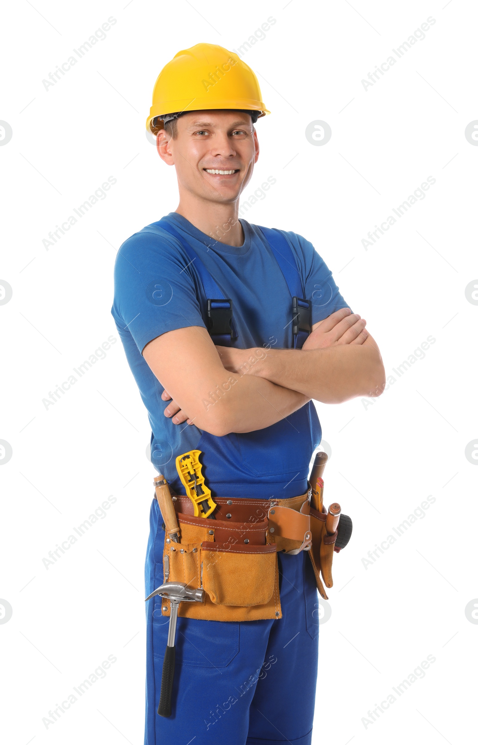 Photo of Handsome carpenter with tool belt isolated on white