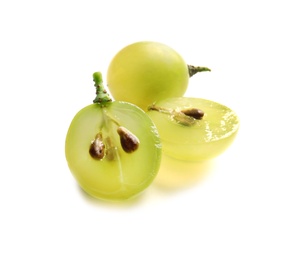 Photo of Cut and whole fresh ripe juicy grapes with seeds on white background