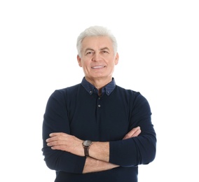 Portrait of handsome mature man on white background