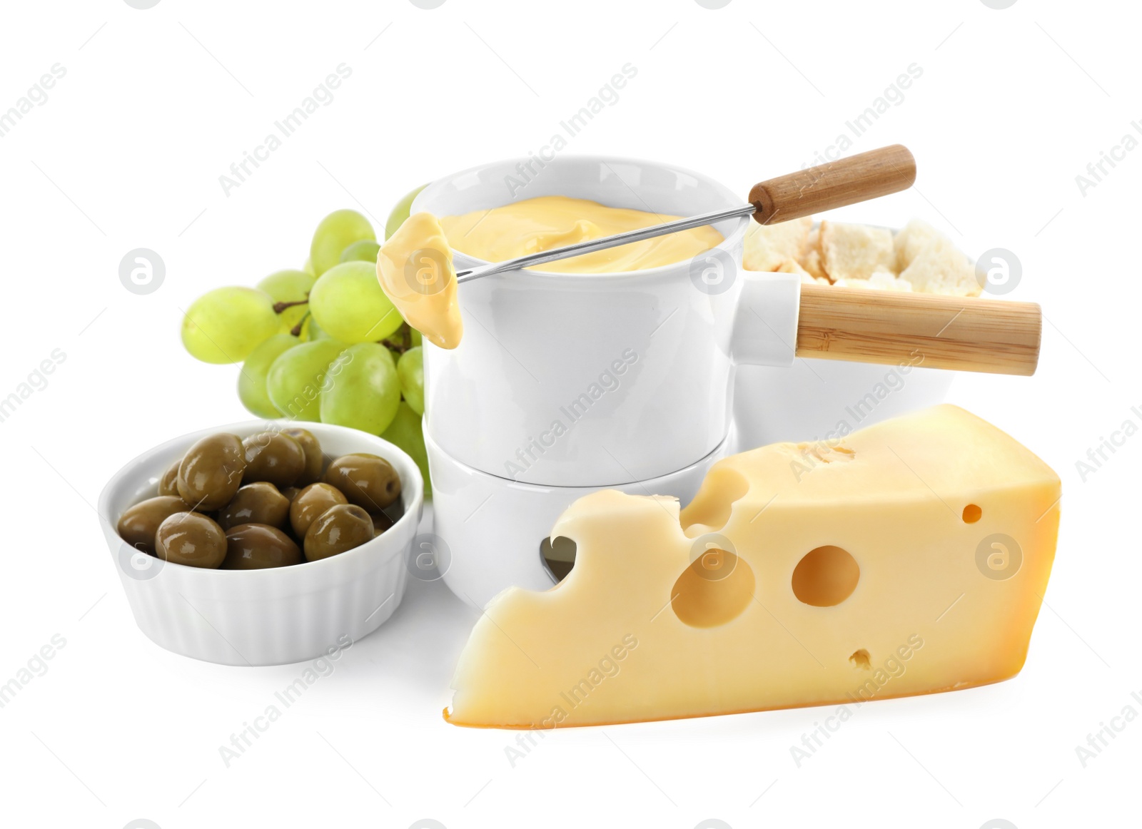 Photo of Pot of tasty cheese fondue and products isolated on white