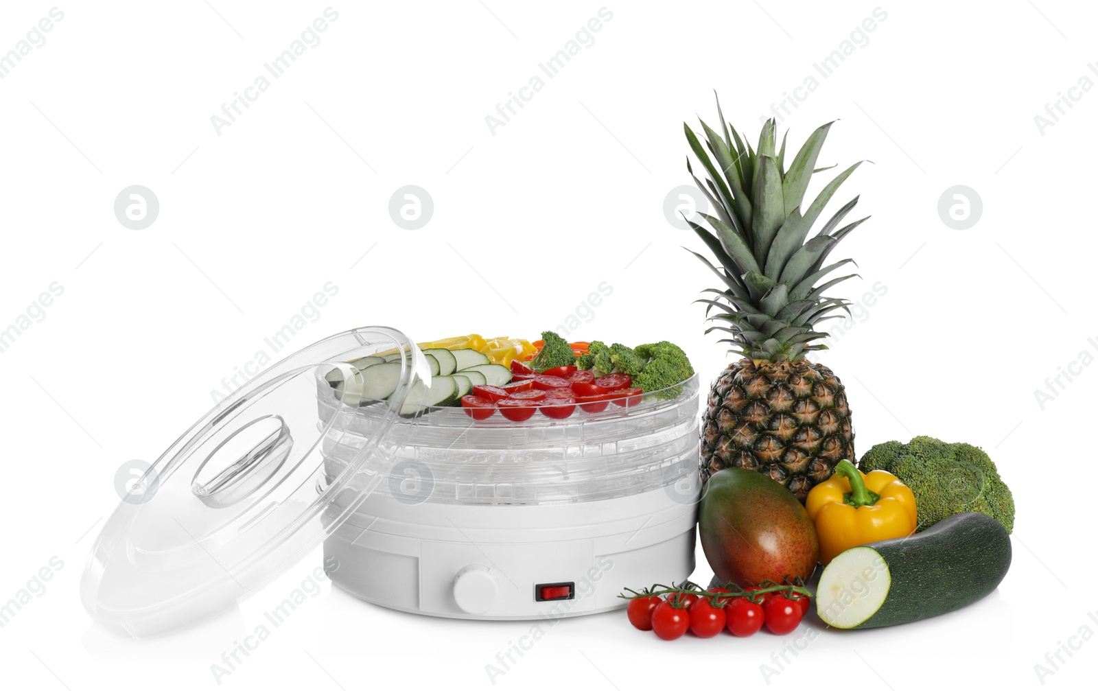 Photo of Modern dehydrator machine with different fruits and vegetables on white background