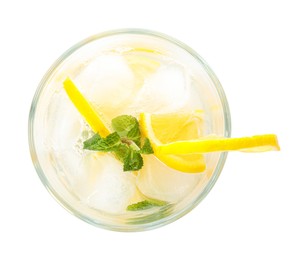 Photo of Refreshing lemonade with ice and mint in glass on white background, top view