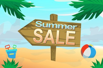 Illustration of Summer sale flyer design. Wooden sign with text, beach ball and toys on sand, illustration