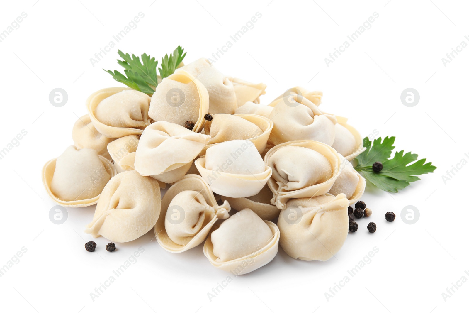 Photo of Raw dumplings on white background. Home cooking