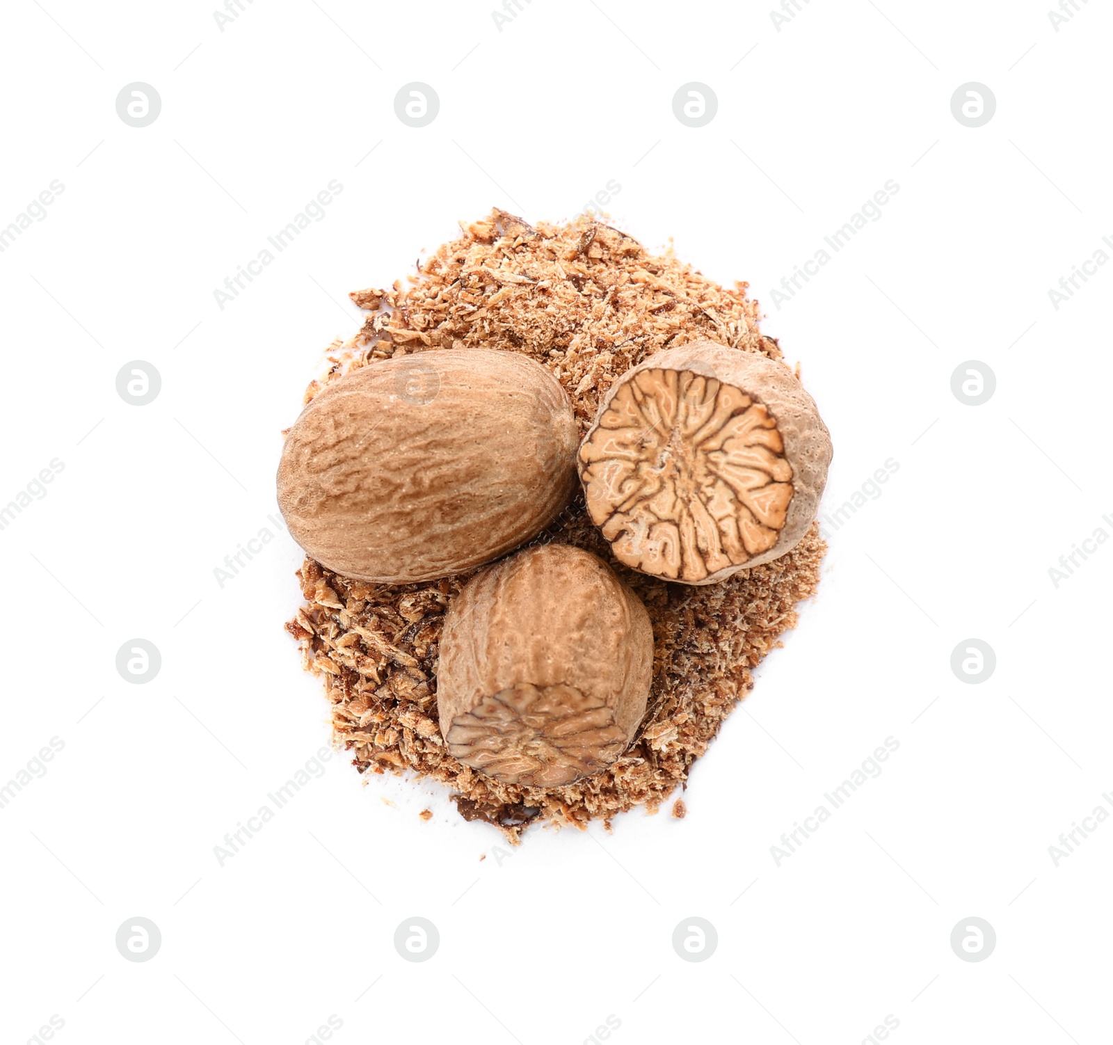 Photo of Grated nutmeg and seeds isolated on white, top view
