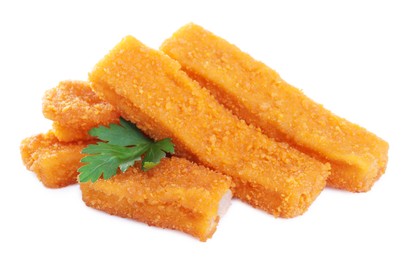 Photo of Fresh breaded fish fingers with parsley on white background