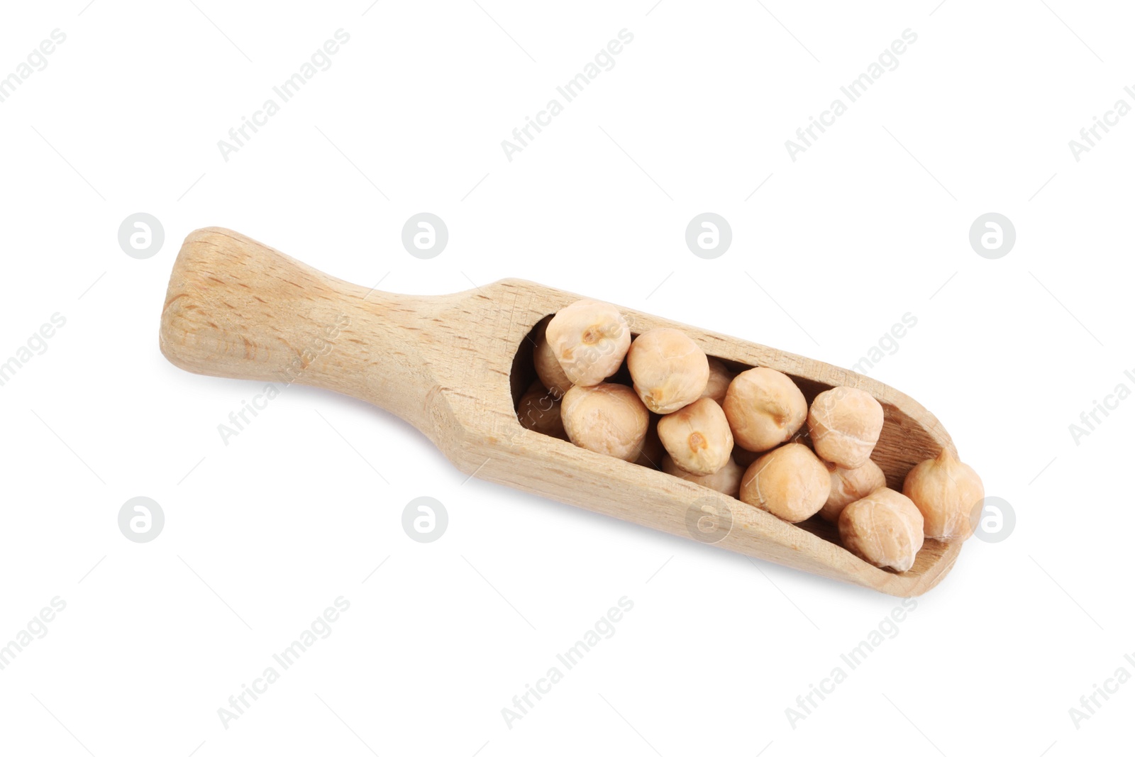 Photo of Wooden scoop with chickpeas on white background. Natural food