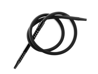 Photo of Modern black hookah hose isolated on white, top view