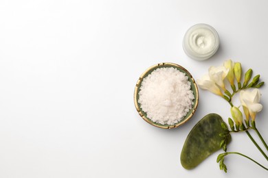 Photo of Flat lay composition with different spa products on white background. Space for text