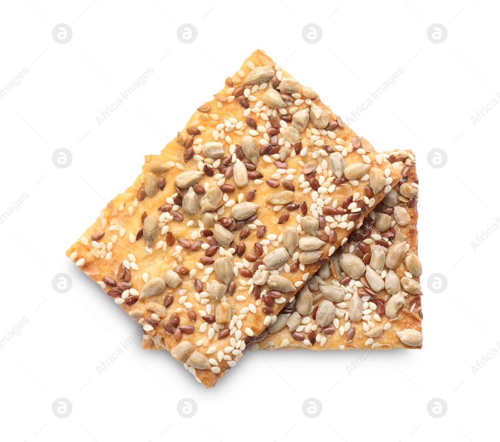 Photo of Delicious crispy crackers with different seeds isolated on white, top view