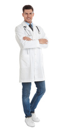 Full length portrait of doctor on white background